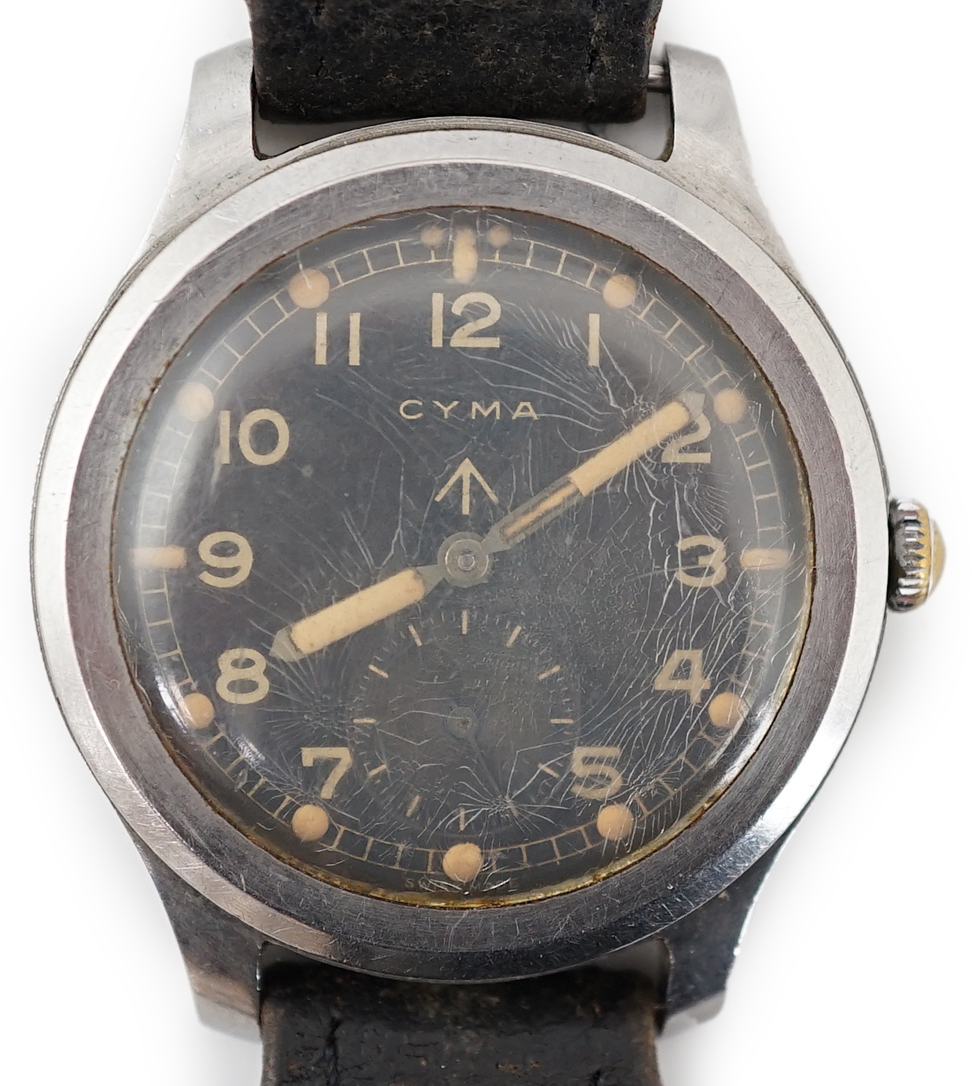 A gentleman's stainless steel WWII Cyma 'Dirty Dozen' military manual wind wrist watch